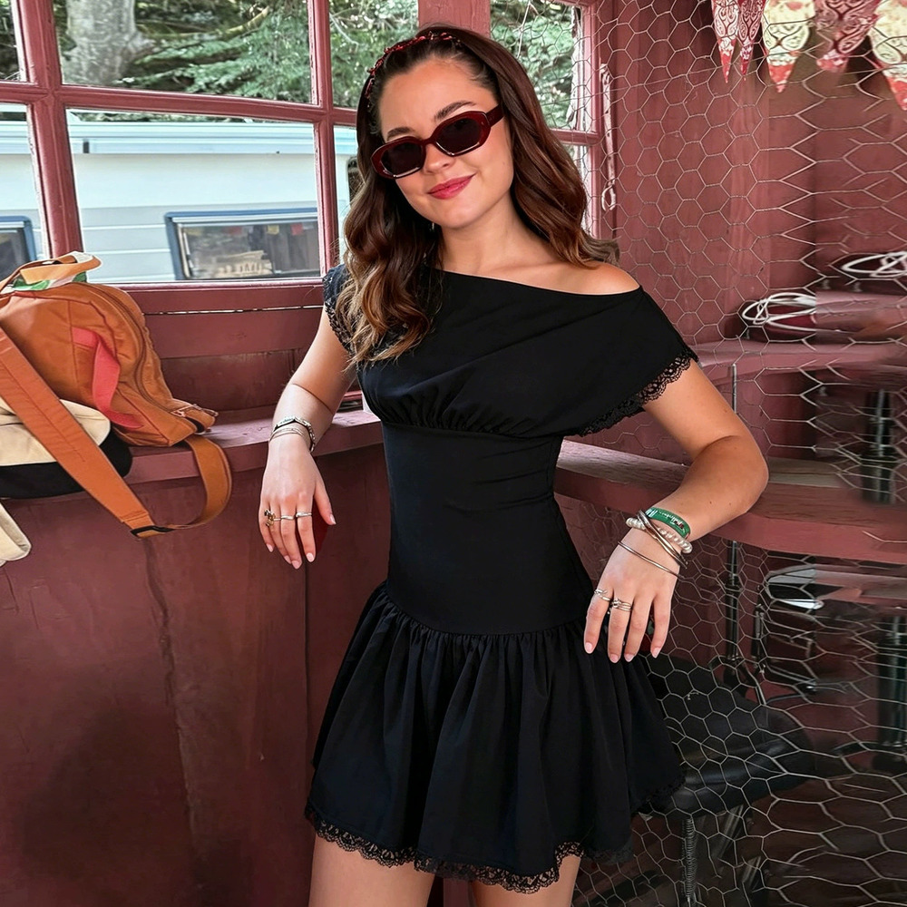 Zara Black Lace Trim Fitted Short Sleeve Mini Dress